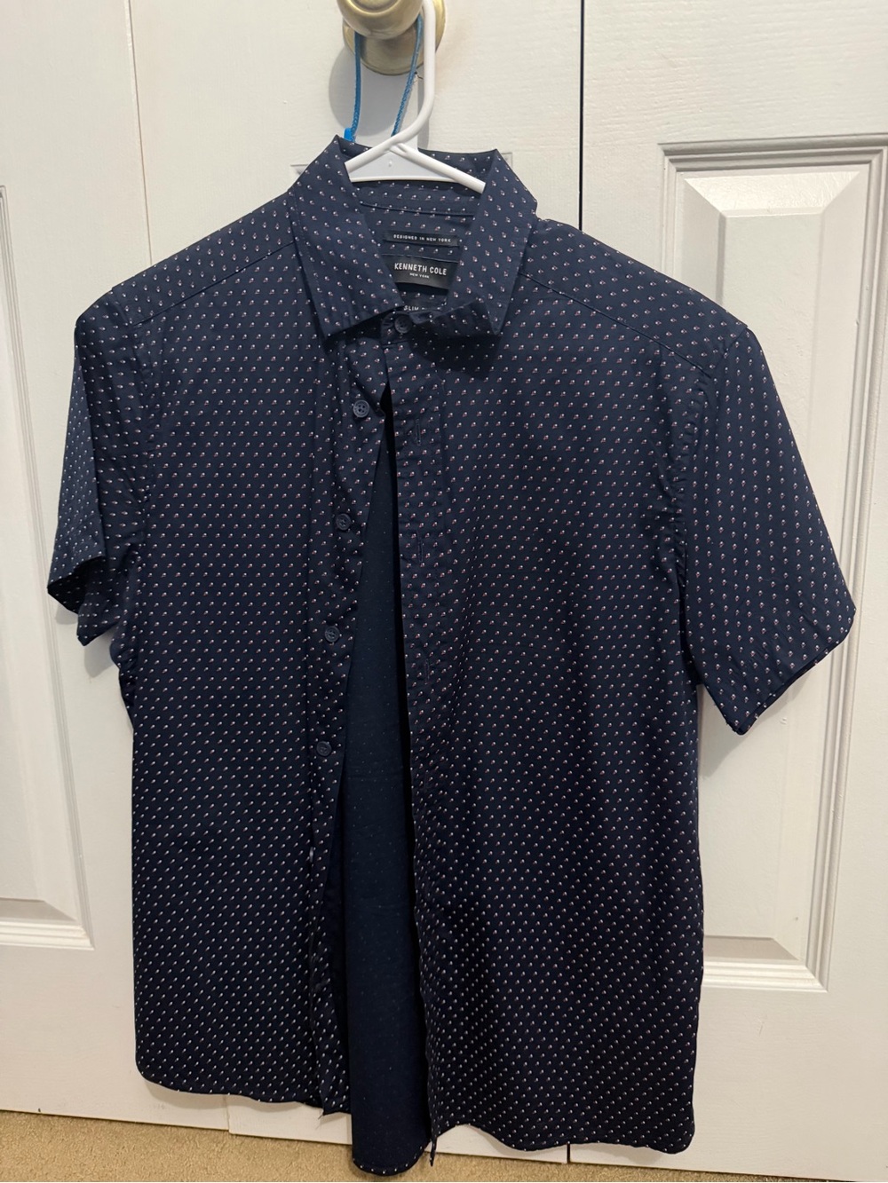 Kenneth Cole Navy Short-Sleeve Button-Up with Tiny Dot Print